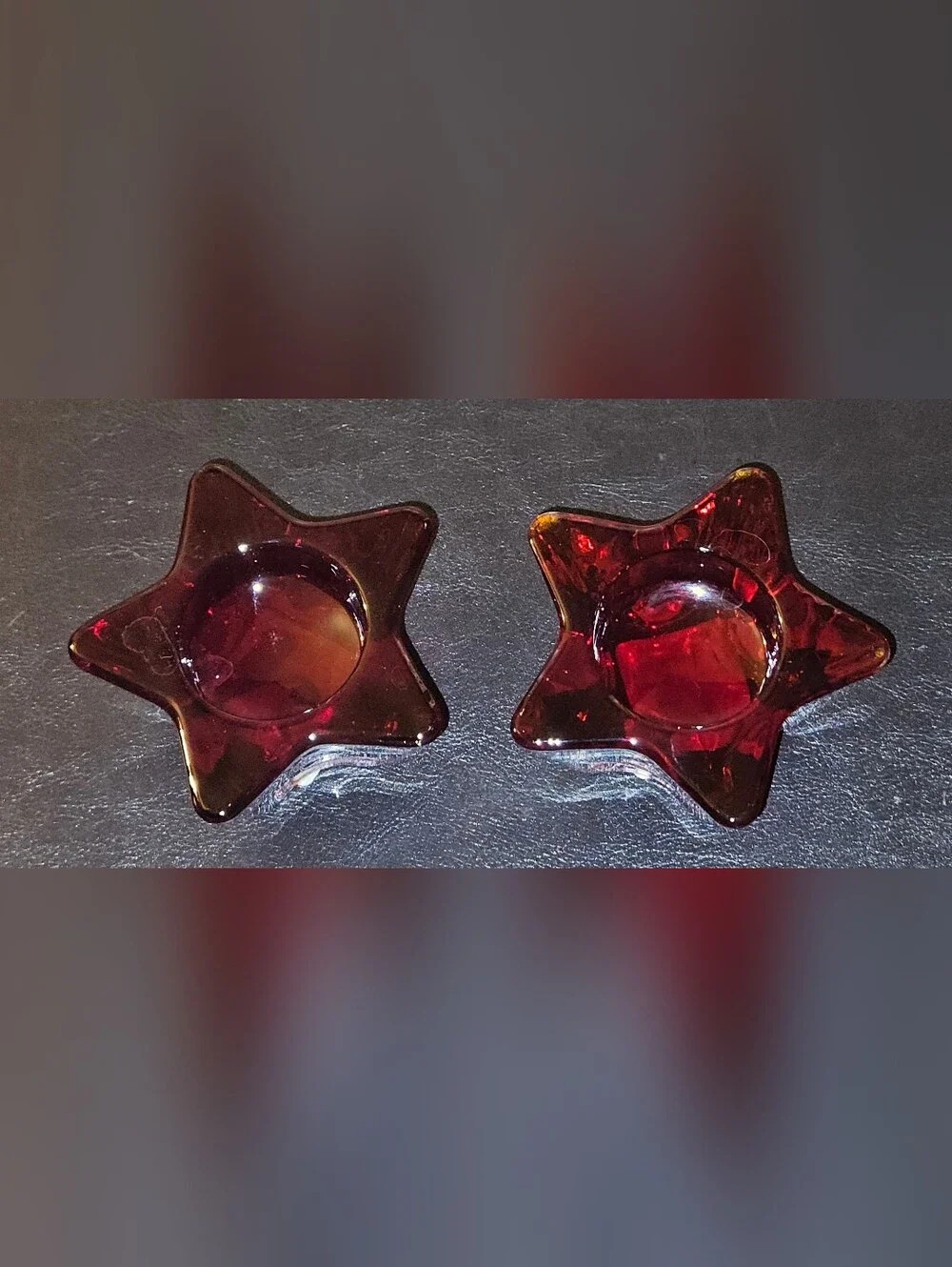 Libbey Red Amber Star Glass Tealight Holders - Pair